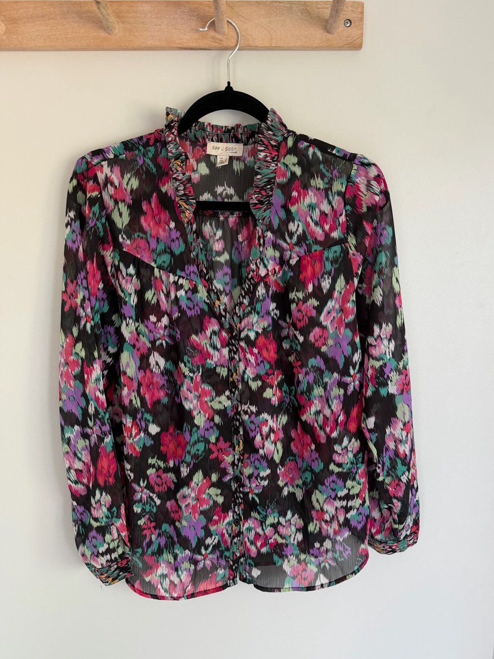 SND + B Black Sheer Floral Blouse with Pink, Teal & Purple Flowers